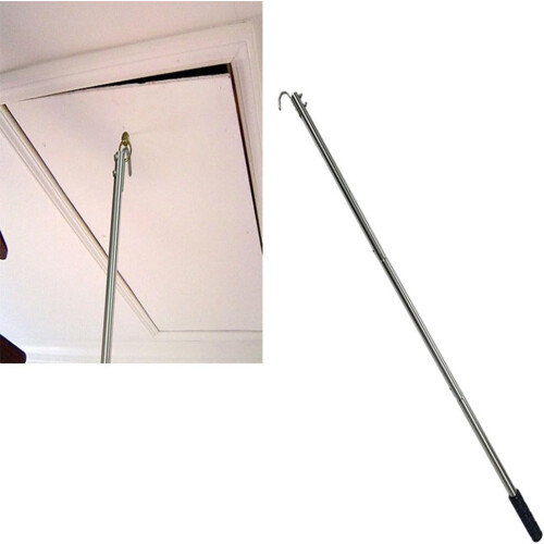 Reliable ladder pull system for safe attic access, including a 101.6 cm rod and hook. 2