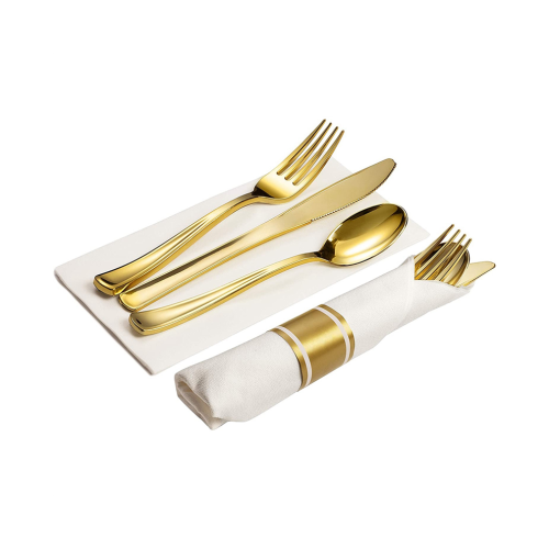 25 Pre Rolled Gold Plastic Silverware - Silverware Set 1