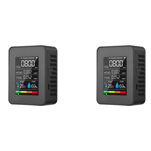 2x 5-in-1 luchtkwaliteitsmonitor, USB oplaadbare CO2-detector, zwart
