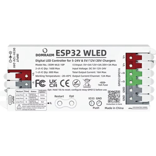 ESP32 WLED-controller - Dubbele voeding (PD en 5-24V DC)