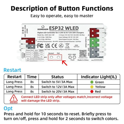 ESP32 WLED-controller - Dubbele voeding (PD en 5-24V DC) 1