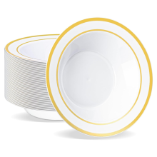 50PCS Plastic Bowls with Gold Rim,7.5inch 12Oz Disposable Soup Bowls