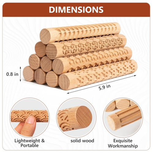 10 Pcs Wooden Clay Texture Roller Set for Pottery and Ceramics 1