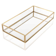 Goldene Spiegelablage für Parfümkollektion, Make-up-Ablage aus poliertem Metall mit verspiegelter Glasoberfläche, geometrisch geformten Seiten,