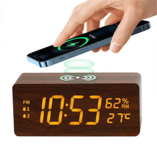 Reloj calendario LED de madera con carga rápida de 15 W C 1