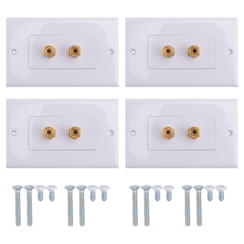 4 Pack Single Gang 1.0 Speaker Wire Wall Plate (Banana Plug), White