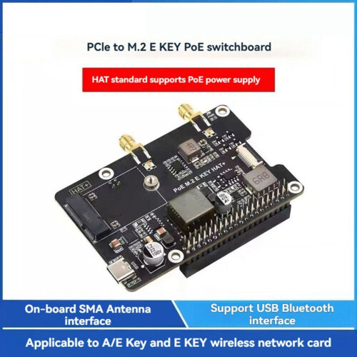 Adattatore PCIe a M.2 E KEY per Raspberry Pi 5 con PoE HAT+ e supporto NGFF.