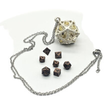 DND Mini Metal Dice with D20 Hollow Flying Dragon and DD Antique Metal Dice Box, Portable, Silver and Gold, Pack of 7