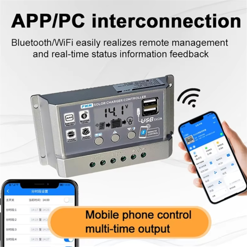 PWM Solar Charge Controller Wifi Bluetooth 60A 12V 24V Auto Dual USB 2