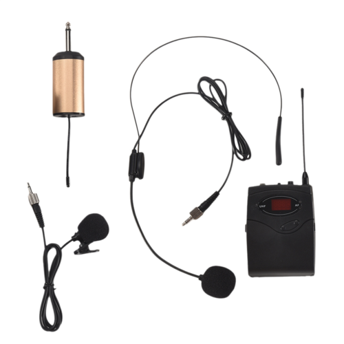 Set di microfoni wireless con cuffie, microfoni lavalier, microfoni da bavero e microfoni da cintura. 2
