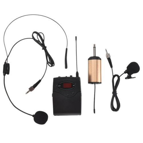 Set di microfoni wireless con cuffie, microfoni lavalier, microfoni da bavero e microfoni da cintura. 1