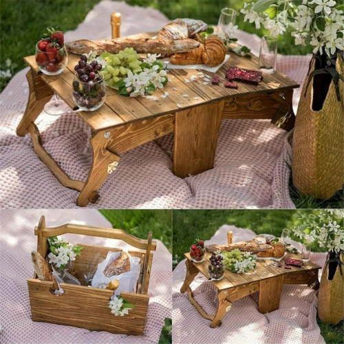 Träfällbart picknickbord för utomhusbruk, konvertibel förvaringskorg i trä 1