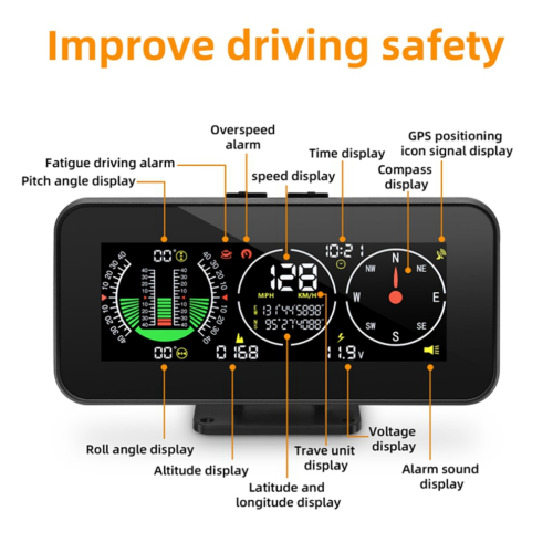 Car HUD Head Up Display Inclinometer Compass Speedometer 2