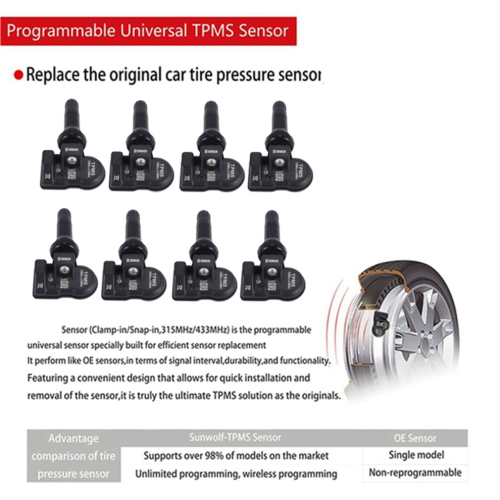 8 sensori di pressione pneumatici TPMS programmabili 315 MHz + 433 MHz 2 in 1 2