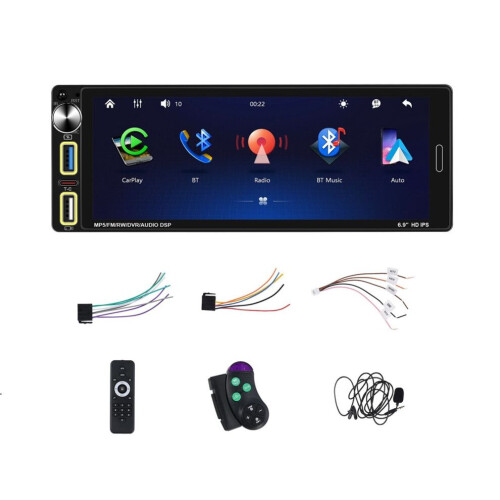 Autoradio singolo DIN con schermo touchscreen IPS da 6,9 pollici.