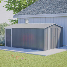 (10X14FT, Grey) BIRCHTREE Garden Shed Metal Apex Roof Outdoor Storage With Free Foundation