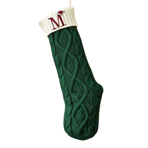 Christmas Knit Sock Stitched Letter Pattern-Dark green white M