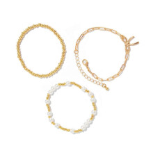 (Gold) Fashionable Imitation Pearls Beaded Bowknot Bracelet Adjustable Length Handchain Stylish Wristband Perfect Gift  Silver