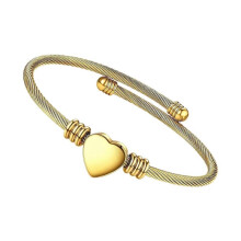 (Gold) Adjustable Heart Shaped Cable Bracelet Premium Stainless Steel Jewelry Comfortable Wear Wristchain For Long Hours Silver