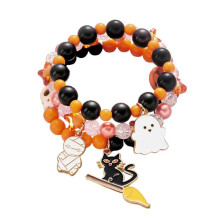 (Cat) 3Piece Halloween Charm Bracelet Spooky Pumpkin Specter Pendant Jewelry Adjustable Alloy Wristband Present for Kids Adults Multicolor