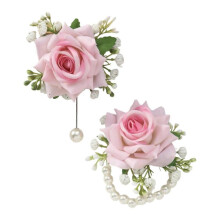 (Pink Pink) Luxurious Silk Flower Wristlet Rose Wrist Corsage Wristlet Band Bracelet Vintage Pearls Accent Bridal Accessories Claret