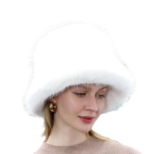 (White) Thick FauxFur Hat for Women Girls Warm Fishing Cap Winter Coldproof Bucket Cap Sweet Girl Bonnet Female Furry Headdress