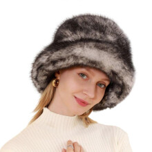 (Black patchwork hat) Plush Bucket Hat for Woman Teenagers Outdoor Foldable Commute Windproof Fisherman Hat Wide Brim Winter Keep Warm Hat