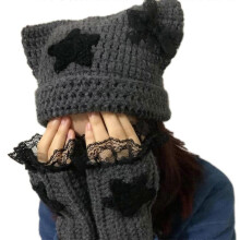 (gray star) Adult Knit Cat Ear Hat with Dangle Star Decors Cute Students Outdoor Cycling Skiing Hat Winter Keep Warm Hat for Couple
