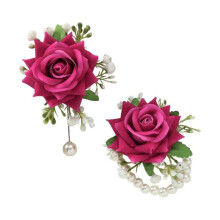 (Rose red) Luxurious Silk Flower Wristlet Rose Wrist Corsage Wristlet Band Bracelet Vintage Pearls Accent Bridal Accessories Claret