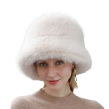 (beige) Thick FauxFur Hat for Women Girls Warm Fishing Cap Winter Coldproof Bucket Cap Sweet Girl Bonnet Female Furry Headdress