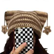 (Coffee Stripe Stars) Adult Knit Cat Ear Hat with Dangle Star Decors Cute Students Outdoor Cycling Skiing Hat Winter Keep Warm Hat for Couple