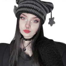 (black gray stripe st) Adult Knit Cat Ear Hat with Dangle Star Decors Cute Students Outdoor Cycling Skiing Hat Winter Keep Warm Hat for Couple