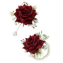 (Claret) Luxurious Silk Flower Wristlet Rose Wrist Corsage Wristlet Band Bracelet Vintage Pearls Accent Bridal Accessories Claret