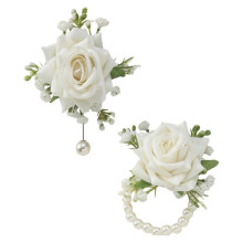 (White) Luxurious Silk Flower Wristlet Rose Wrist Corsage Wristlet Band Bracelet Vintage Pearls Accent Bridal Accessories Claret