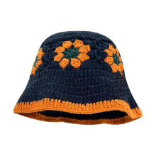 (navy blue) Crochet Bucket Hat for Woman Teenagers Outdoor Foldable Flower Fisherman Hat Wide Brim Spring Summer Anti-Uv Hat navy blue