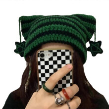 (green black stripe s) Adult Knit Cat Ear Hat with Dangle Star Decors Cute Students Outdoor Cycling Skiing Hat Winter Keep Warm Hat for Couple