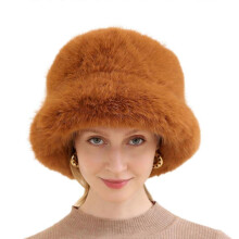 (brown) Thick FauxFur Hat for Women Girls Warm Fishing Cap Winter Coldproof Bucket Cap Sweet Girl Bonnet Female Furry Headdress