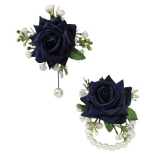 (Navy blue) Luxurious Silk Flower Wristlet Rose Wrist Corsage Wristlet Band Bracelet Vintage Pearls Accent Bridal Accessories Claret