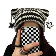 (black and white stri) Adult Knit Cat Ear Hat with Dangle Star Decors Cute Students Outdoor Cycling Skiing Hat Winter Keep Warm Hat for Couple