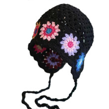 (Black) Elastic Anti-uv Summer Hat Knitted Crochet Flower Hat for Women Men Breathable Hollow Out Hat Soft Hot Weather Supplies Coffee