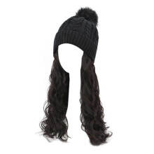(A) Knit Hat With Hair Attached For Women Knit Wig Hat with Fluffy Long Wig Long Wavy Hair Extension Beanie Hat Wig