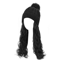 (B) Knit Hat With Hair Attached For Women Knit Wig Hat with Fluffy Long Wig Long Wavy Hair Extension Beanie Hat Wig
