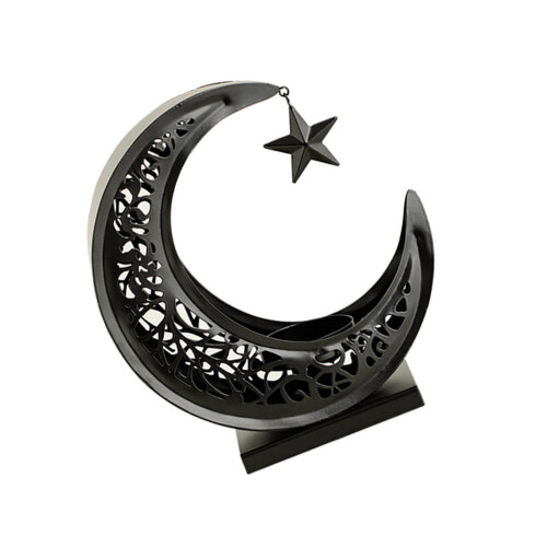 Rustproof Moon Shape Candle Stand Hollowed Engraved Metal-Black