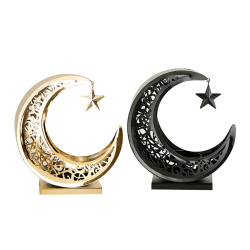 Rustproof Moon Shape Candle Stand Hollowed Engraved Metal-Black 1