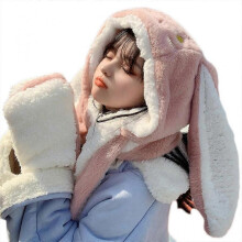 (Pink) Fashion Teenager Cartoon Plush 3in1 Hats Gloves Scarf Suits Women Winter Outdoor Warm Cap Students Warm Accessories Bean Paste