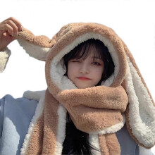 (Khaki) Fashion Teenager Cartoon Plush 3in1 Hats Gloves Scarf Suits Women Winter Outdoor Warm Cap Students Warm Accessories Bean Paste