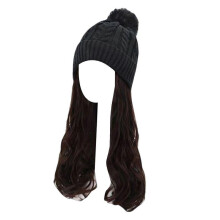 (C) Knit Hat With Hair Attached For Women Knit Wig Hat with Fluffy Long Wig Long Wavy Hair Extension Beanie Hat Wig