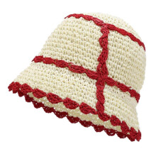 (Red) Crochet Color Matching Bucket Hat Multi-Color Breathable Wide Brim Bucket Hat Skin-friendly Sunproof Fisherman Cap Red
