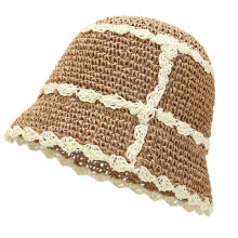 (Khaki) Crochet Color Matching Bucket Hat Multi-Color Breathable Wide Brim Bucket Hat Skin-friendly Sunproof Fisherman Cap Red