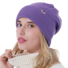 (Purple) Korean Women Double Layer Knitted Slouchy Beanie Hat Simple Solid Color Metal Logo Decor Hip Hop Stretch Skullies Cap Ear Warmer Yellow